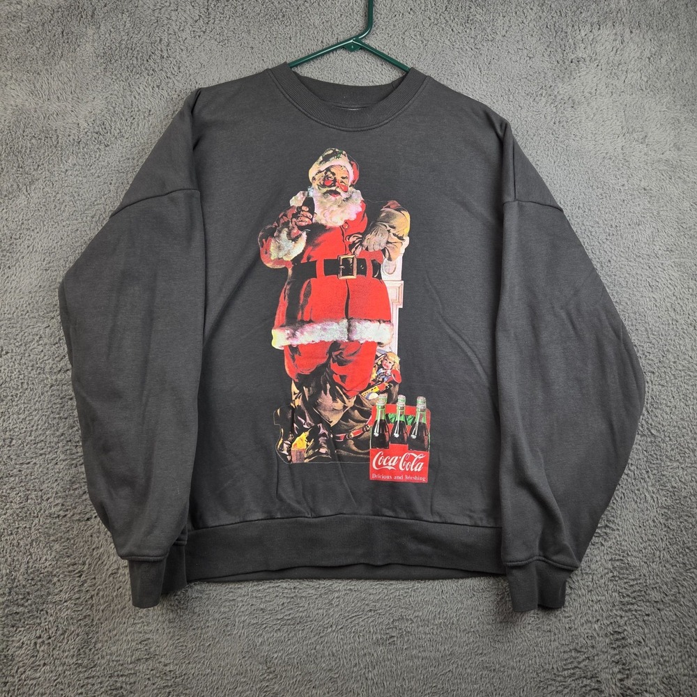 Vintage Christmas Sweatshirt Men's Large Coca Cola Santa Claus Black Holiday